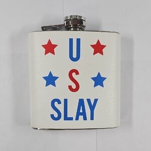 Flask 'U S Slay' White with‎ Red & Blue Stars Flask 8 Oz NWT